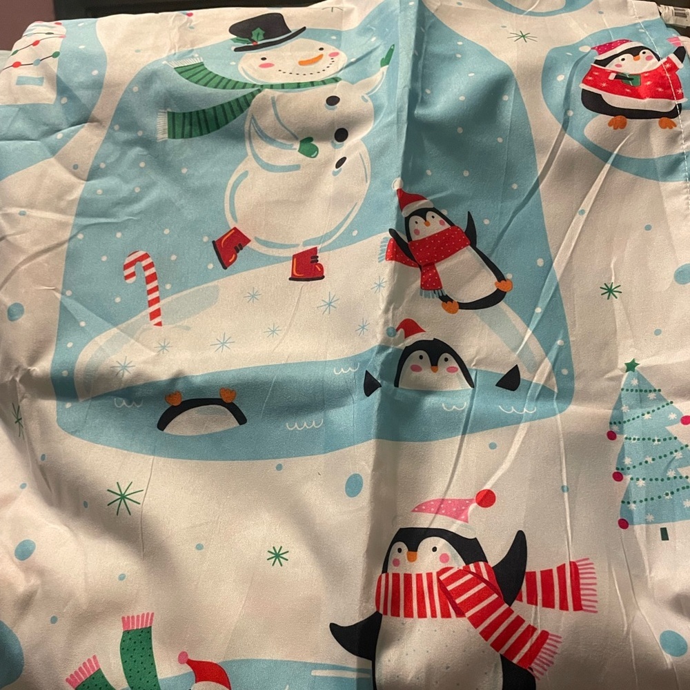 Winter shower curtain with snowmen and penguins
